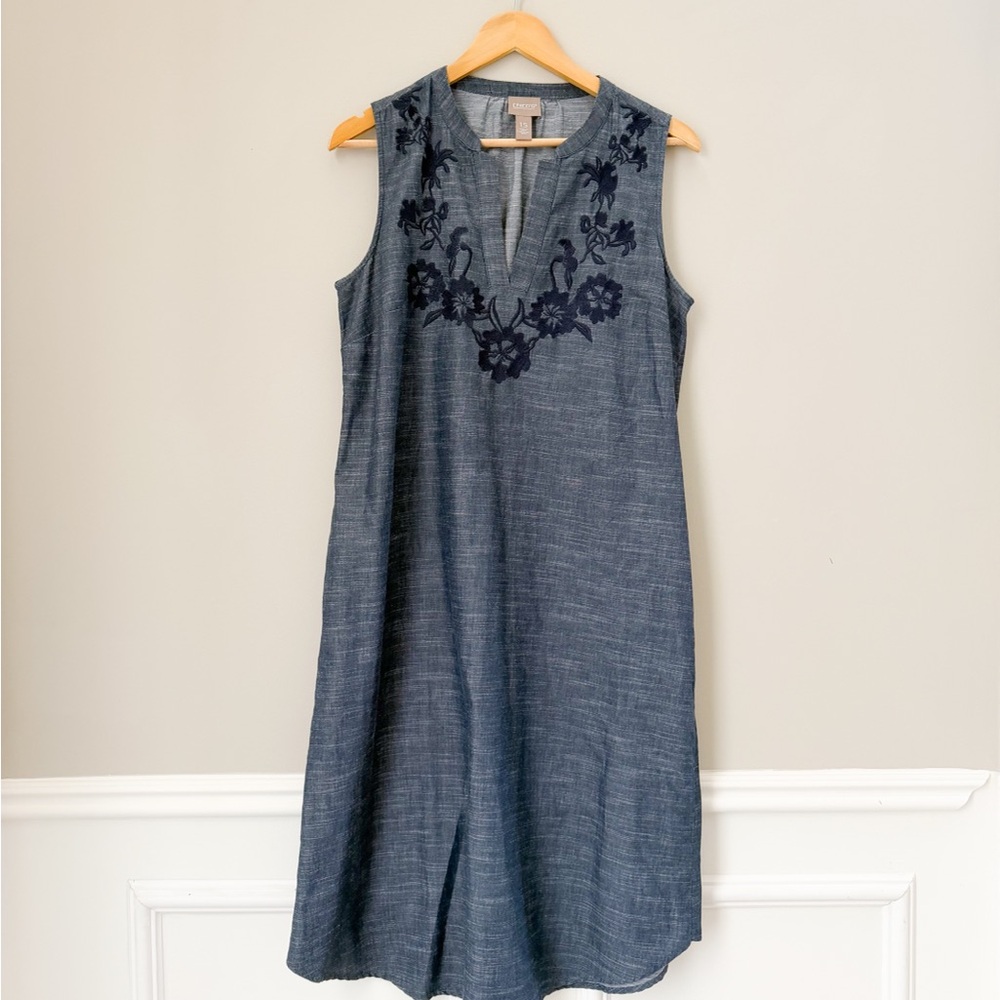 Chicos denim dress size 10 1.5 with embroidery